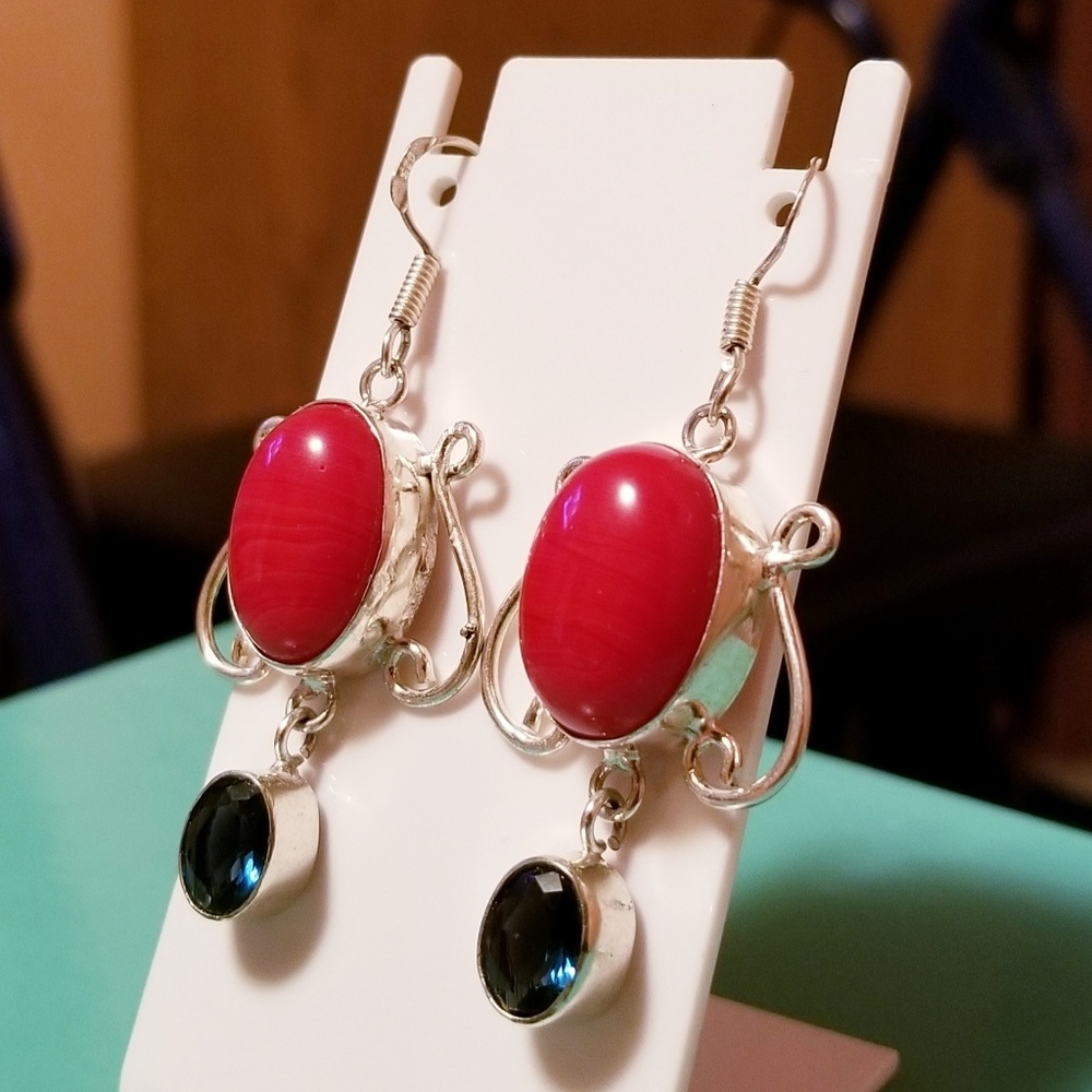 Signed Sterling Silver Coral & Tourmaline Earrings